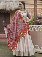 Off White Viscose Rayon Readymade Navratri Lehenga Choli